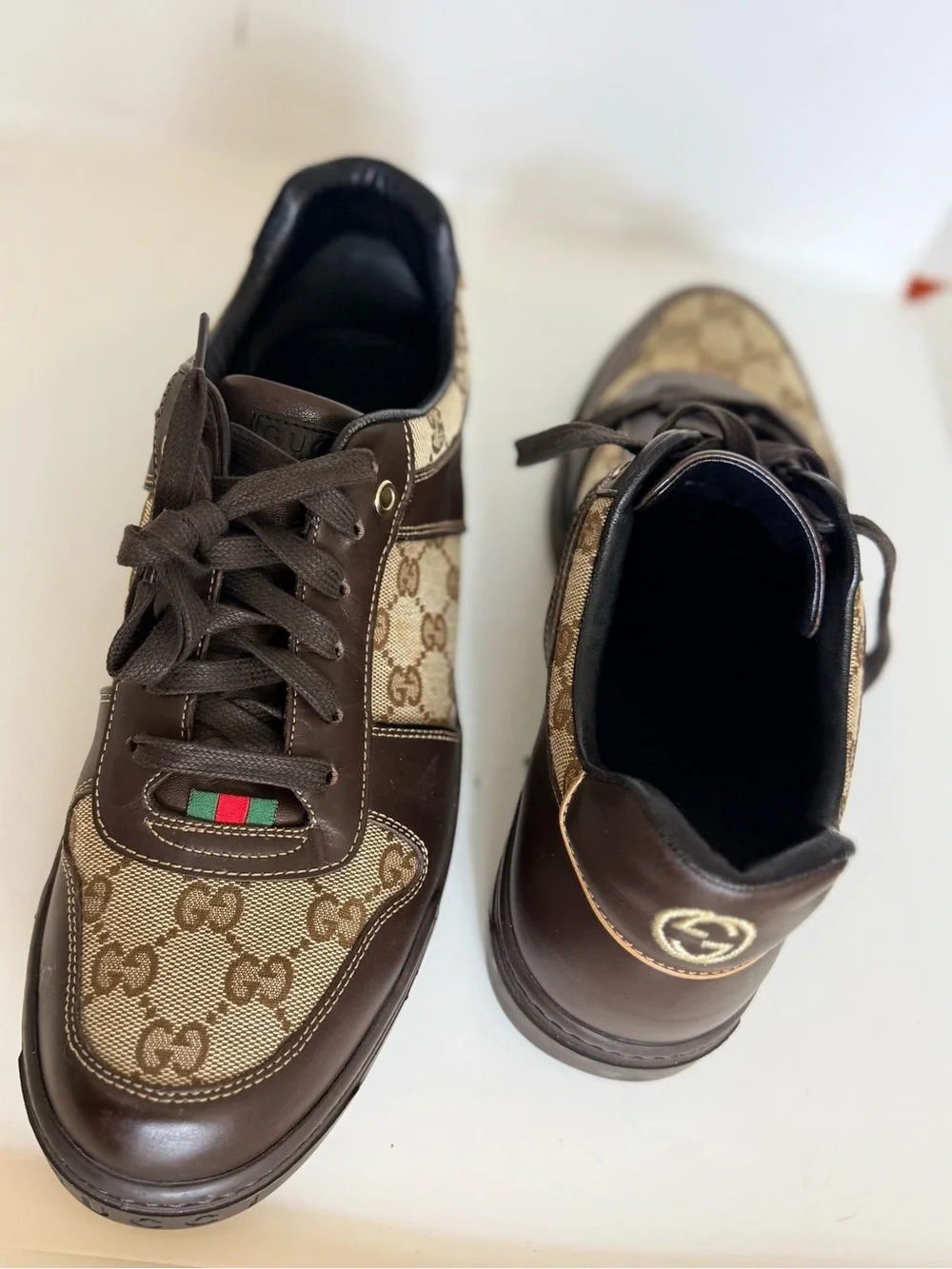 Gucci Brown GG Canvas & Dark Brown Leather Sneakers with Green-Red Web Size 8